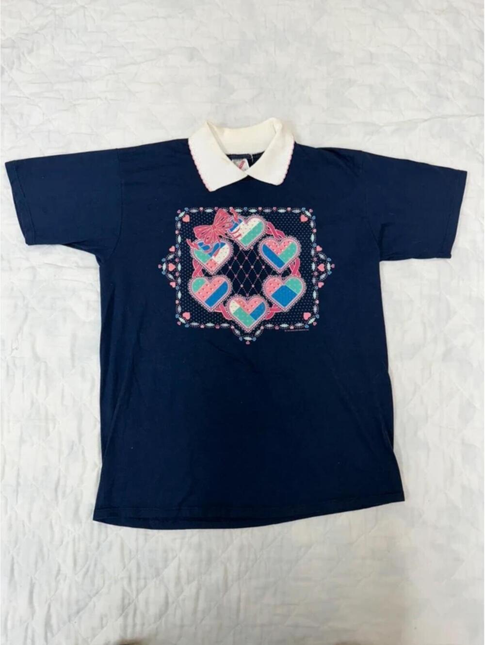 Vintage 90s Patchwork Hearts Collared T-Shirt